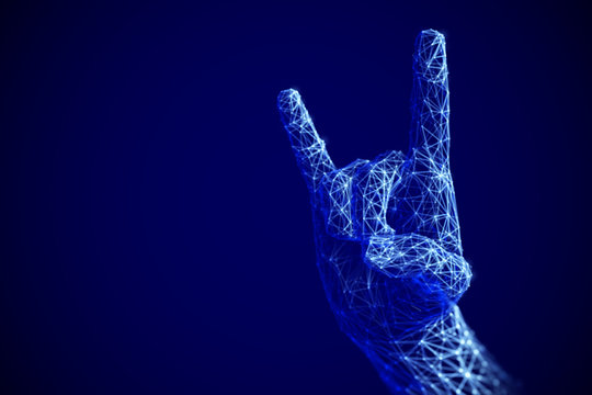 Digital Art And Modern Culture Concept: Rock N Roll Or Heavy Metal Sign Gesture In Cyberspace. Artificial Intelligence Or Electronic Music. Abstract Technology Background. EPS 10, Vector Illustration.