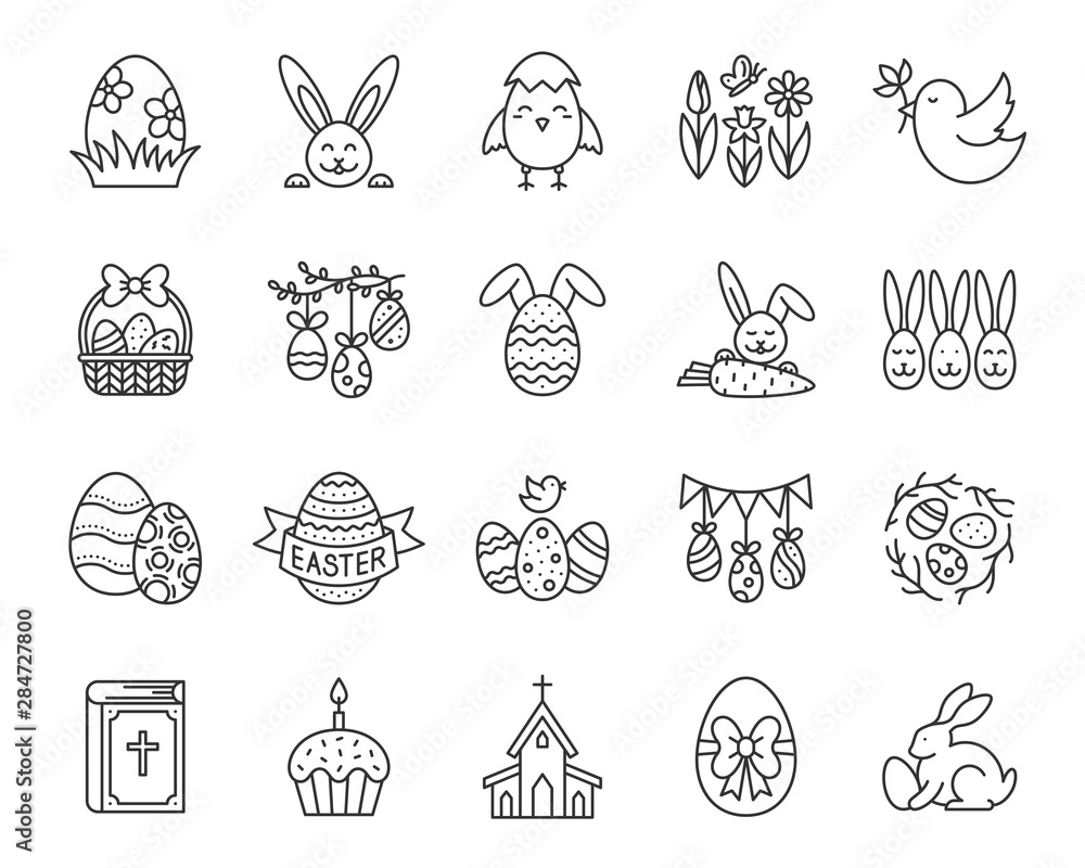 Wall mural Easter egg bunny simple black line icon vector set