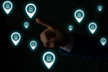 Male human wear formal work suit presenting presentation using smart device