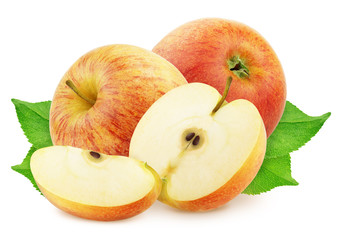 Composition with whole and cutted red apples isolated on a white background.