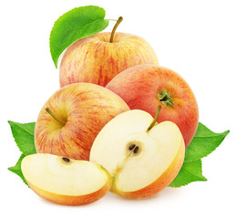 Composition with whole and cutted red apples isolated on a white background.