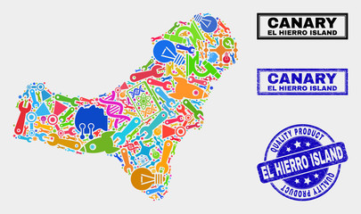 Vector collage of tools El Hierro Island map and blue stamp for quality product. El Hierro Island map collage formed with tools, wrenches, industry symbols.