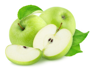 Composition with whole and cutted green apples isolated on a white background.