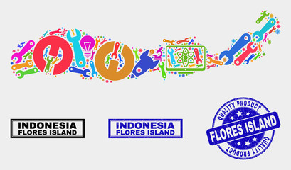 Vector collage of service Flores Island of Indonesia map and blue seal for quality product. Flores Island of Indonesia map collage composed with tools, spanners, science symbols.