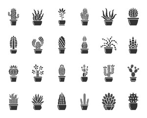 Cactus black silhouette icons succulent vector set