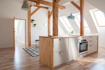 Modern attic white bright kitchen - obrazy, fototapety, plakaty