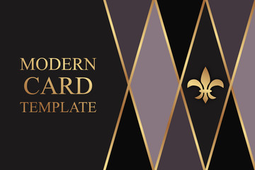 Modern geometric luxury card template for business or presentation with golden lines, rhombuses and fleur de lis on a dark background. © Anna R