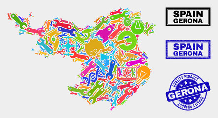 Obraz premium Vector collage of tools Gerona Province map and blue seal for quality product. Gerona Province map collage made with tools, spanners, production icons.