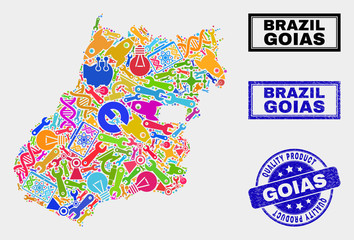 Vector collage of service Goias State map and blue stamp for quality product. Goias State map collage formed with tools, spanners, production icons.