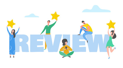 Fototapeta na wymiar Review concept illustration. People characters holding gold stars. Men and women rate services and user experience. Five stars positive opinion, good feedback. Vector cartoon