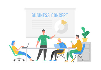 Business Meeting Teamwork Concept. Businessman and Woman Characters with Laptop. Colleagues Characters Communicating Brainstorming, Discussion Idea. Vector flat cartoon illustration