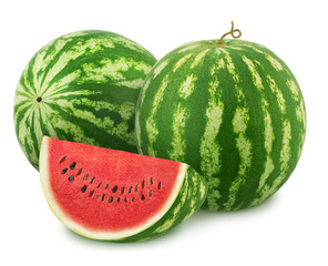 Composition with whole ripe watermelons and slice isolated on white background. As design elements.