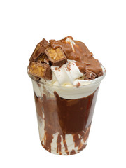 Ice cream with chocolate and caramel in a plastic glass Isolated on a white background.