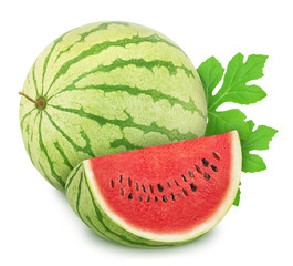 Composition with whole ripe watermelon and slice isolated on white background. As design elements.