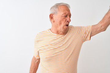 Senior grey-haired man wearing striped t-shirt standing over isolated white background Dancing happy and cheerful, smiling moving casual and confident listening to music