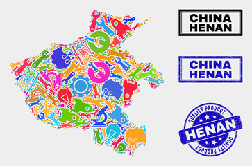 Obraz premium Vector collage of tools Henan Province map and blue seal stamp for quality product. Henan Province map collage made with tools, wrenches, science icons.