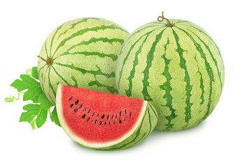 Composition with whole ripe watermelons and slice isolated on white background. As design elements.
