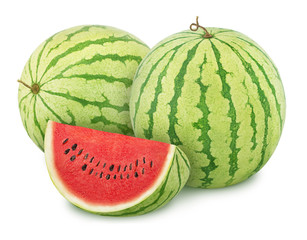 Composition with whole ripe watermelons and slice isolated on white background. As design elements.