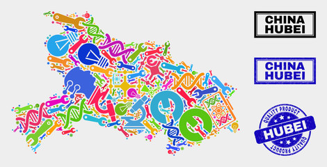 Vector collage of service Hubei Province map and blue seal for quality product. Hubei Province map collage constructed with tools, wrenches, production icons.