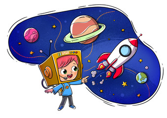 Boy dressed as an astronaut imagining space and planets