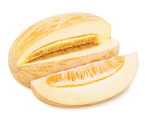 Composition with whole ripe melon and slice isolated on white background. As design elements.