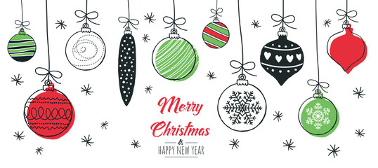 Set of hand drawn christmas baubles. Decoration isolated elements. Doodles and sketches vector illustration