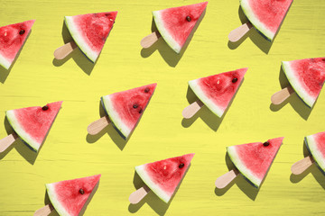 Watermelon sliced on color background. Top view