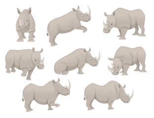 Set of african rhinoceros in different poses cartoon animal design flat vector illustration isolated on white background