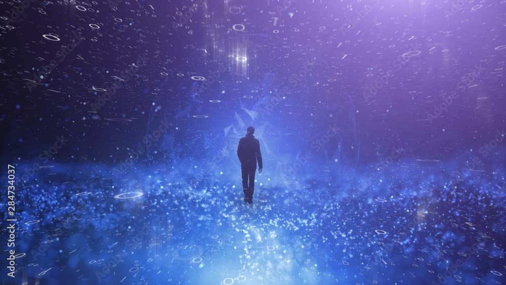Poster conceptual computer network cyberspace with silhouette of a businessman.