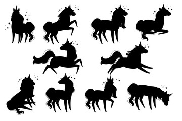 Black silhouette set of magic mythical animal from fairy tale unicorn cartoon animal design flat vector illustration isolated on white background