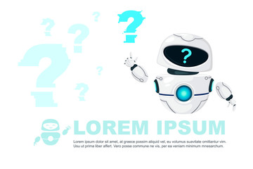 Cute white modern levitating robot waving hand and with question mark face flat vector illustration on white background horizontal banner greetings card design