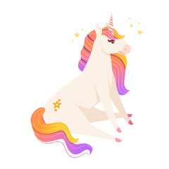 Magic mythical animal from fairy tale unicorn sitting on ground cartoon animal design flat vector illustration isolated on white background
