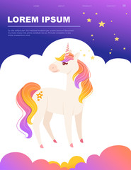 Magic mythical animal from fairy tale unicorn cartoon animal design flat vector illustration on white background with night sky and stars website page design