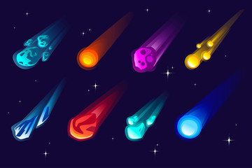 Set of meteors and comet with different colors and shapes flat vector illustration on outer space background with stars - obrazy, fototapety, plakaty
