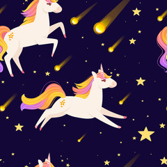 Obraz na płótnie Canvas Seamless pattern of magic mythical animal from fairy tale running unicorn cartoon animal design flat vector illustration on night sky