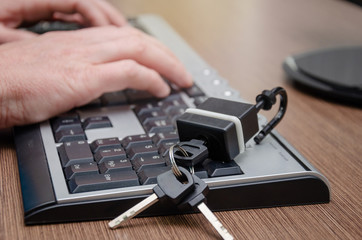 cyber security internet and networking concept. Concept of internet password security, data privacy, cybercrime prevention. Padlock on computer keyboard. 