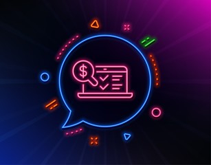 Online accounting line icon. Neon laser lights. Audit sign. Check finance symbol. Glow laser speech bubble. Neon lights chat bubble. Banner badge with online accounting icon. Vector