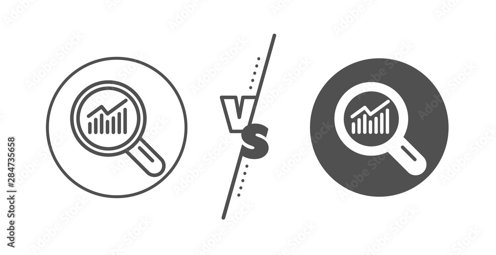 Poster report graph or sales growth sign in magnifying glass. versus concept. chart line icon. analysis and