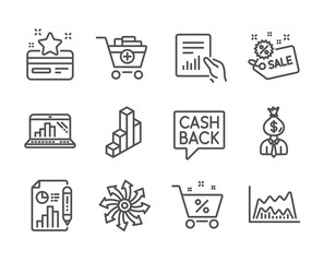 Set of Finance icons, such as Versatile, Report document, Add products, Loan percent, Money transfer, Manager, 3d chart, Document, Trade chart, Loyalty card, Graph laptop, Sale line icons. Vector