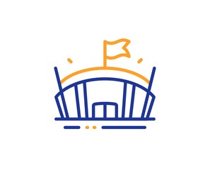 Arena with flag sign. Sports stadium line icon. Sport complex symbol. Colorful outline concept. Blue and orange thin line arena icon. Vector