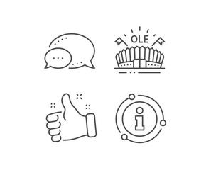 Sports arena line icon. Chat bubble, info sign elements. Stadium with flags sign. Sport complex symbol. Linear sports arena outline icon. Information bubble. Vector