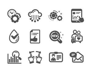 Set of Technology icons, such as New products, New mail, Move gesture, Internet report, Cloud storage, Identification card, Dermatologically tested, Approved document, Search, Gears. Vector