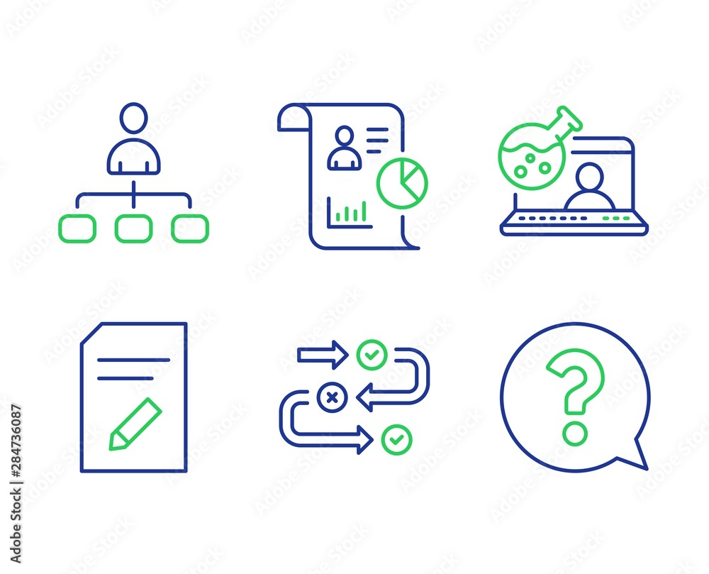 Poster edit document, management and survey progress line icons set. report, online chemistry and question 