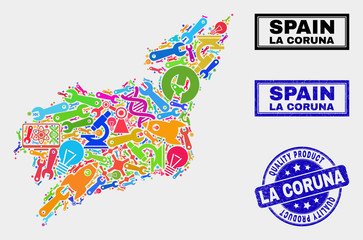Vector collage of tools La Coruna Province map and blue watermark for quality product. La Coruna Province map collage designed with tools, wrenches, science symbols.