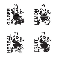 black collection of cup with ginger, lemon, herbal and fruit tea isolated on white background