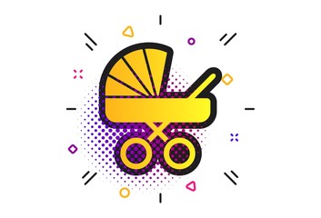 Baby pram stroller sign icon. Halftone dots pattern. Baby buggy. Baby carriage symbol. Classic flat stroller icon. Vector