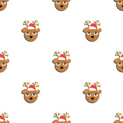 Cute deer in winter costume seamless pattern. Cartoon animal holiday background. Wildlife character. Christmas wrapping.