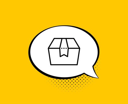 Package box line icon. Comic speech bubble. Delivery parcel sign. Cargo goods symbol. Yellow background with chat bubble. Package box icon. Colorful banner. Vector