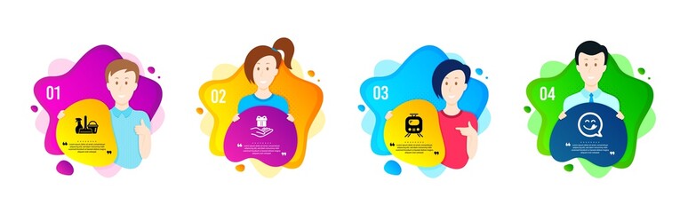 Loyalty program, Train and Household service icons simple set. People shapes timeline. Yummy smile sign. Gift, Tram, Cleaning equipment. Emoticon. Business set. Dynamic shape offer. Vector