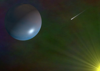 Planet with sun rays and shooting star
